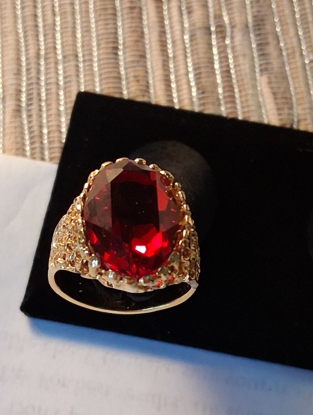 Vintage Gold Tone Ornate Red Crystal Statement Ring Size 10.5